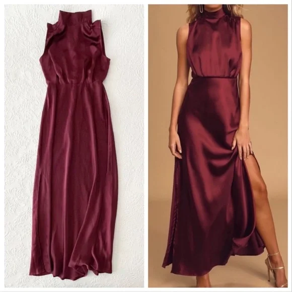 Lulus | Dresses | Nwot Lulus Classic Elegance Wine Satin Sleeveless Mock  Neck Maxi Dress Medium | Poshmark